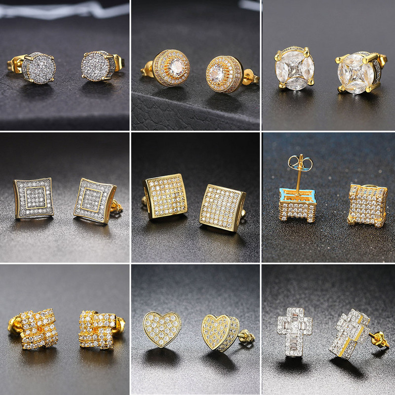 Rock Hip Hop Iced Out Stud Férfi Férfi Férfi Jégszeges cirkon Arany Szín Piercing Fül Kiegészítők Hiphop Trend Ékszerek