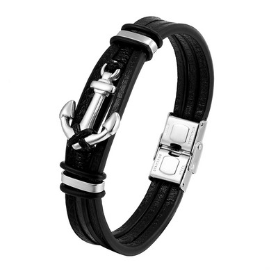 Jaunas panku nerūsējošā tērauda enkura rokassprādzes īstas ādas rokassprādzes un rokassprādzes vīriešiem rokassprādzes rotaslietas melnas krāsas modes dāvana