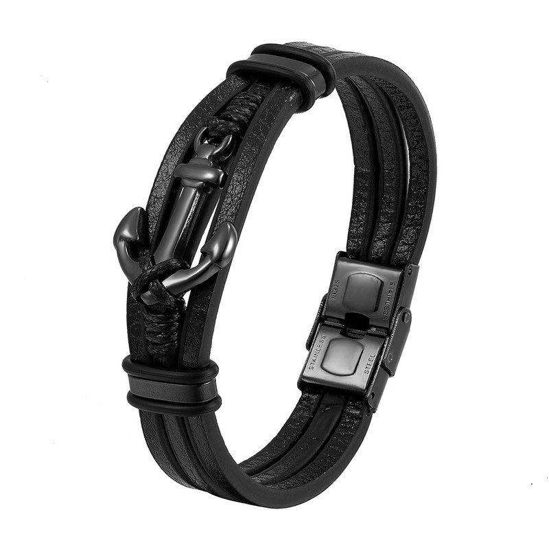 Jaunas panku nerūsējošā tērauda enkura rokassprādzes īstas ādas rokassprādzes un rokassprādzes vīriešiem rokassprādzes rotaslietas melnas krāsas modes dāvana