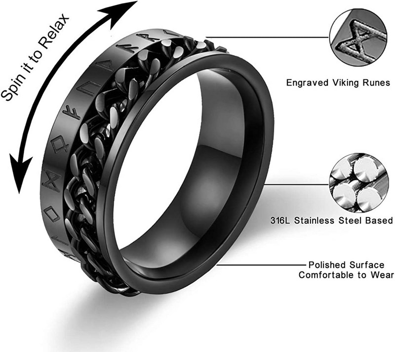 Moodne 8 mm roostevabast terasest keti keerutaja Fidget Sõrmused naistele Meeste Vintage Norra Viking Runes Sõrmused Retro Amult Ehted Kingitused