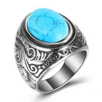 Vintage χειροποίητο τούρκικο κόσμημα Μπλε πέτρινο δαχτυλίδι ρετρό ασημί χρώμα ανδρική βέρα Κλασικό πανκ αρραβωνιαστικό κόσμημα