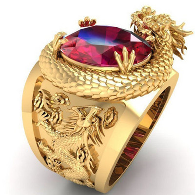 Хип-хоп пънк доминиращи драконови пръстени от неръждаема стомана за мъже Inaly Big Red Crystal Rings Men Rock Biker Wedding Party Jewelry