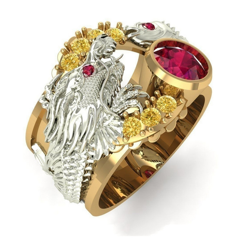 Hiphopa punk stila zelta krāsas pūķa gredzens vīriešiem ar inkrustētu sarkanu kristāla gredzenu kāzu ballīte Pirkstu gredzeni vīriešiem rotaslietas Helovīna dāvana