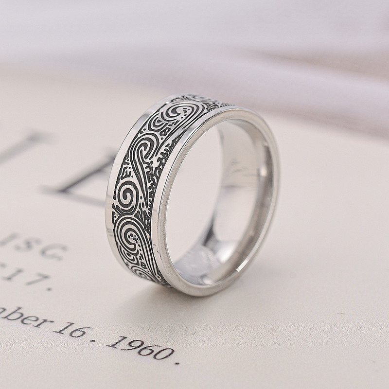 Madingas 8 mm nerūdijančio plieno žiedas vyrams moterims, vintažinės sidabrinės spalvos voratinklio rašto žiedas Hiphop Rock Biker papuošalas gimtadienio dovana