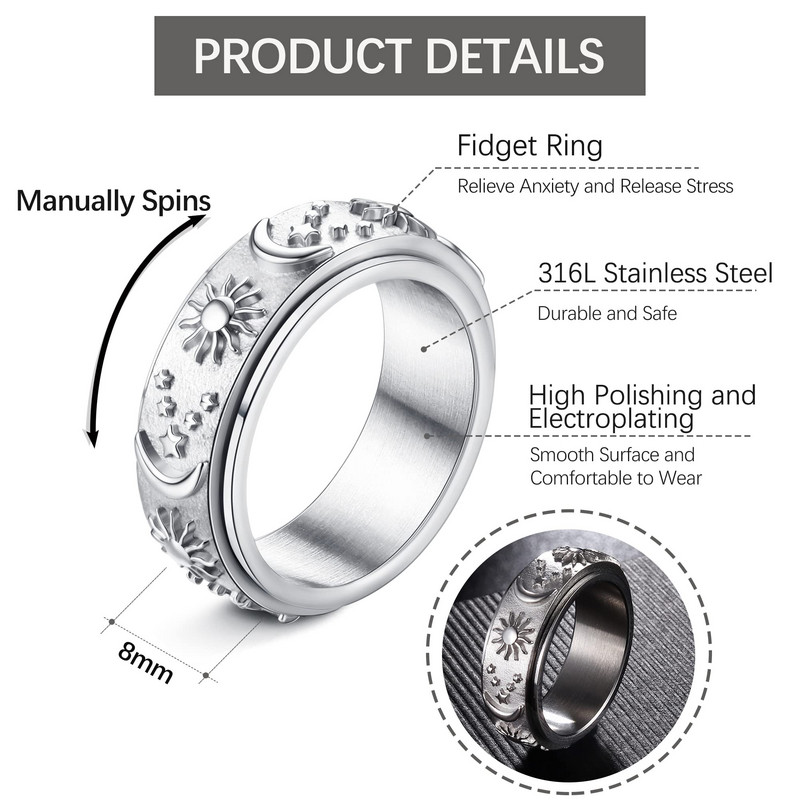 Modes nerūsējošā tērauda gredzens sievietēm vīriešiem Sun Moon Star Spinner Gredzeni stresu mazinoši nemieru gredzeni kāzu joslas rotaslietas