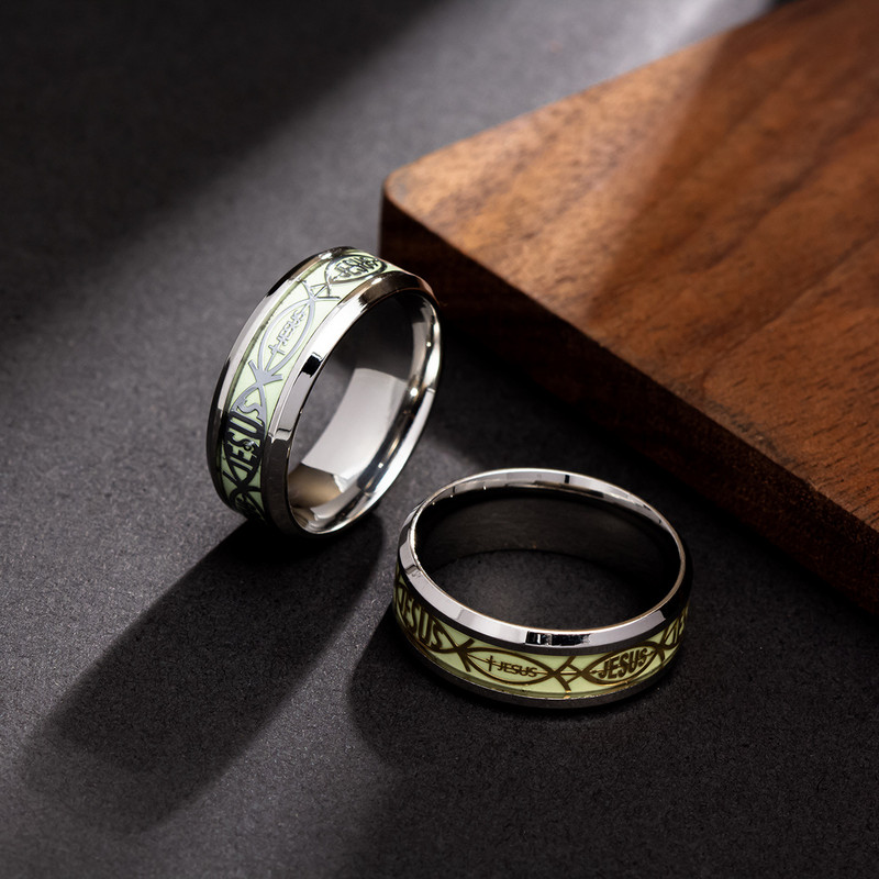 Inele luminoase din oțel inoxidabil, cu cruce de Isus, pentru bărbați, femei, care strălucesc în întuneric, inele religioase creștine, verighete, bijuterii