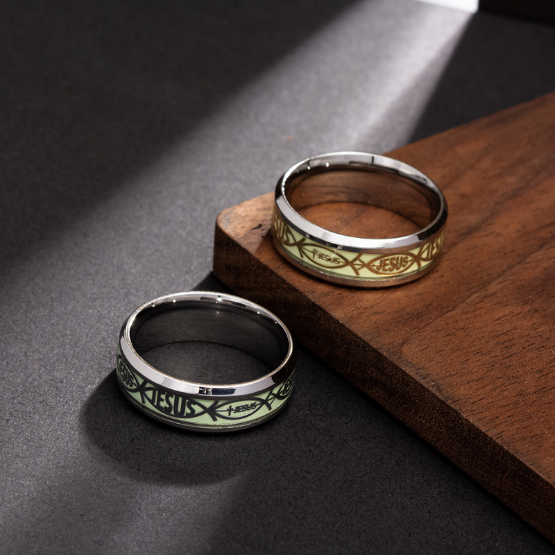 Inele luminoase din oțel inoxidabil, cu cruce de Isus, pentru bărbați, femei, care strălucesc în întuneric, inele religioase creștine, verighete, bijuterii