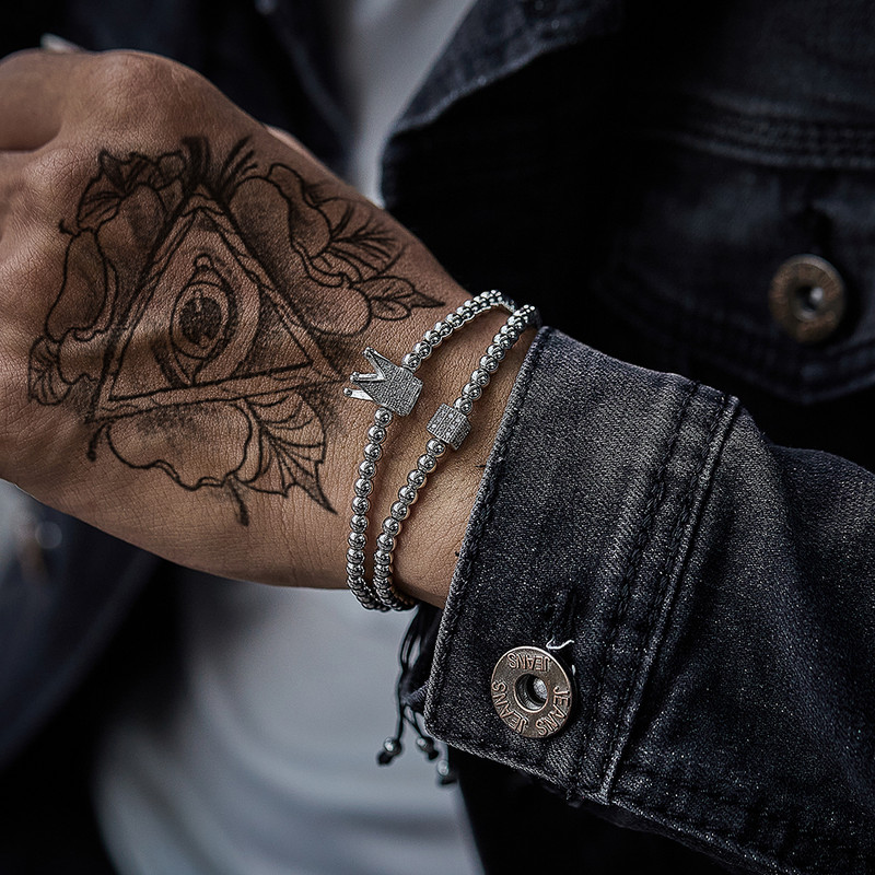 2 kom./set Muška narukvica s krunskim šarmom, duga cijev, Pave CZ pletena makrame zlatna narukvica od perli za muškarce, nakit, poklon