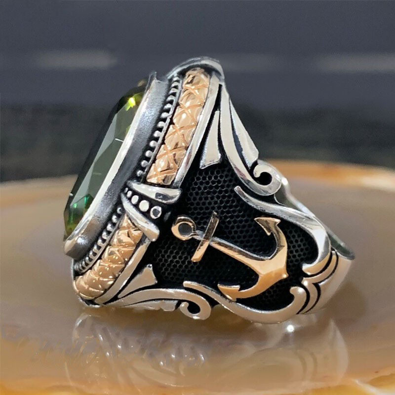 Vintage gooti kahevärviline roheline kristallsõrm meeste sõrmus Graveering ankru geomeetriline muster meeste peo ehetele