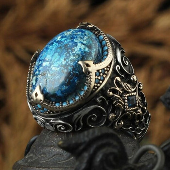 Σετ Ευρωπαίων και Αμερικανών τεχνιτών Διαμαντένιο μπλε πετράδι με χαραγμένο δαχτυλίδι Hailan Retro ανδρικό δαχτυλίδι κοσμήματα γάμου