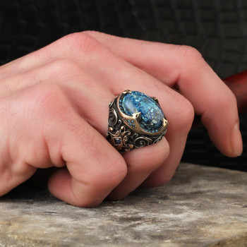 Σετ Ευρωπαίων και Αμερικανών τεχνιτών Διαμαντένιο μπλε πετράδι με χαραγμένο δαχτυλίδι Hailan Retro ανδρικό δαχτυλίδι κοσμήματα γάμου