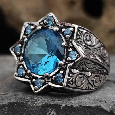 Euroopa ja Ameerika käsitööliste komplekt Teemantsinise kalliskiviga graveeritud sõrmus Hailan retro meeste sõrmus pulmapeo ehted