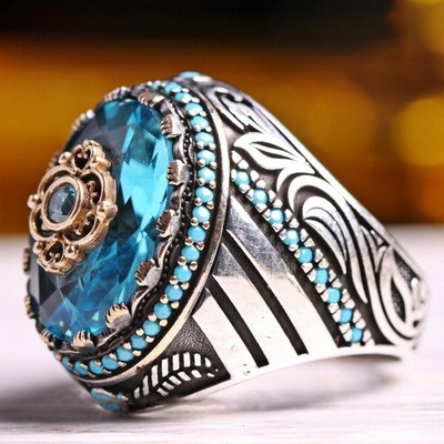 Euroopa ja Ameerika käsitööliste komplekt Teemantsinise kalliskiviga graveeritud sõrmus Hailan retro meeste sõrmus pulmapeo ehted