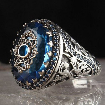 Euroopa ja Ameerika käsitööliste komplekt Teemantsinise kalliskiviga graveeritud sõrmus Hailan retro meeste sõrmus pulmapeo ehted