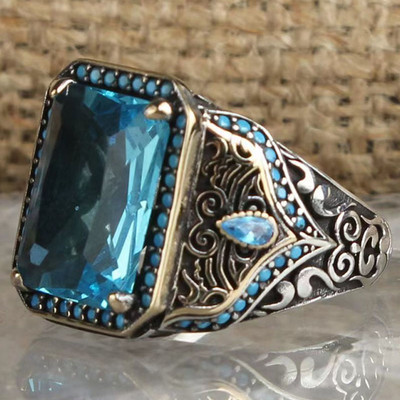 Euroopa ja Ameerika käsitööliste komplekt Teemantsinise kalliskiviga graveeritud sõrmus Hailan retro meeste sõrmus pulmapeo ehted