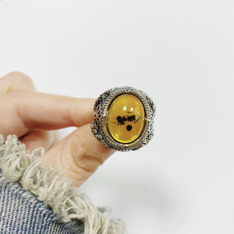 2023. gada jauns vīriešu gredzens, liels ovāls, ahāta akmens imitācijas, retro stila inkrustēts, dzeltena cirkona skudras gredzens