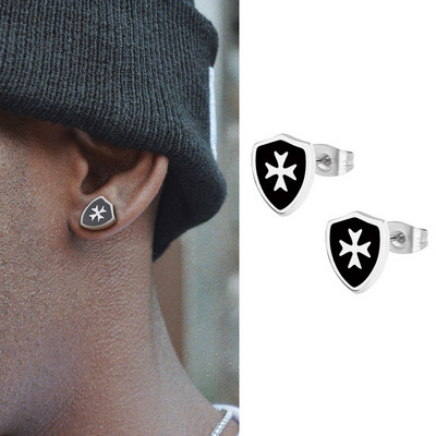 Vintage Titanium Cross Shield Stud Stud Auskari Vīriešiem Nerūsējošā tērauda eļļas pilināmā Mes` Auskari Punk Gothic Juvelierizstrādājumu aksesuāri Dāvana