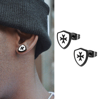 Vintage Titanium Cross Shield Stud Stud Auskari Vīriešiem Nerūsējošā tērauda eļļas pilināmā Mes` Auskari Punk Gothic Juvelierizstrādājumu aksesuāri Dāvana