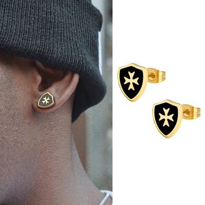 Vintage Titanium Cross Shield Stud Stud Auskari Vīriešiem Nerūsējošā tērauda eļļas pilināmā Mes` Auskari Punk Gothic Juvelierizstrādājumu aksesuāri Dāvana