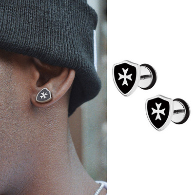 Vintage Titanium Cross Shield Stud Stud Auskari Vīriešiem Nerūsējošā tērauda eļļas pilināmā Mes` Auskari Punk Gothic Juvelierizstrādājumu aksesuāri Dāvana