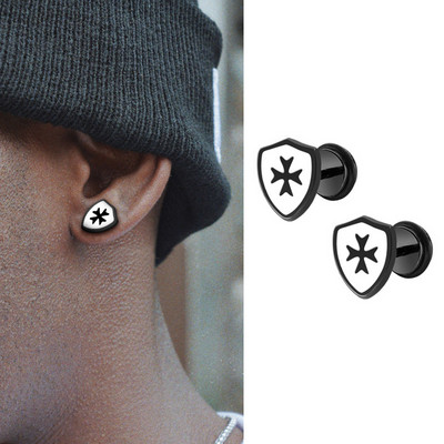 Vintage Titanium Cross Shield Stud Stud Auskari Vīriešiem Nerūsējošā tērauda eļļas pilināmā Mes` Auskari Punk Gothic Juvelierizstrādājumu aksesuāri Dāvana