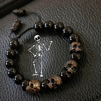 Тъмен винтидж стил Horror Skull Черни мъниста Charm Mens Bracelet Statement Steampunk Gothic Accessories for Women Fashion Jewelry