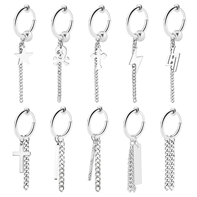 1 tk Trendikas roostevabast terasest ümmargune kõrvaklamber Unisex titaanist terasest läbistamata risti ketiklambriga kõrvarõnga paari tarvikud