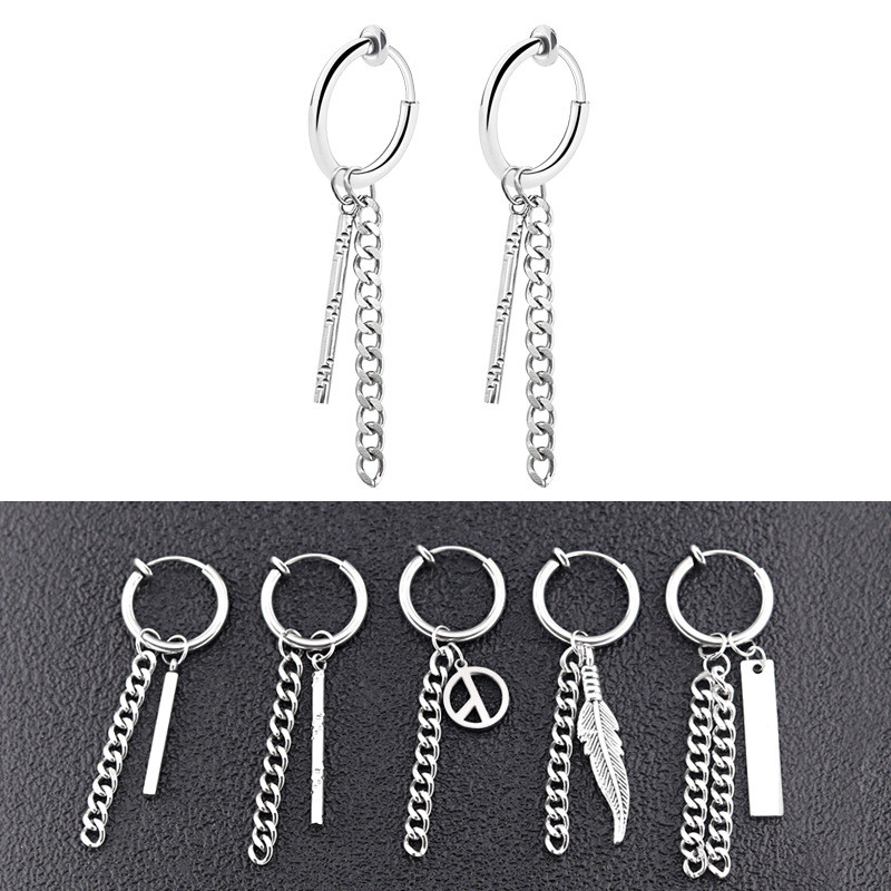 1 tk Trendikas roostevabast terasest ümmargune kõrvaklamber Unisex titaanist terasest läbistamata risti ketiklambriga kõrvarõnga paari tarvikud