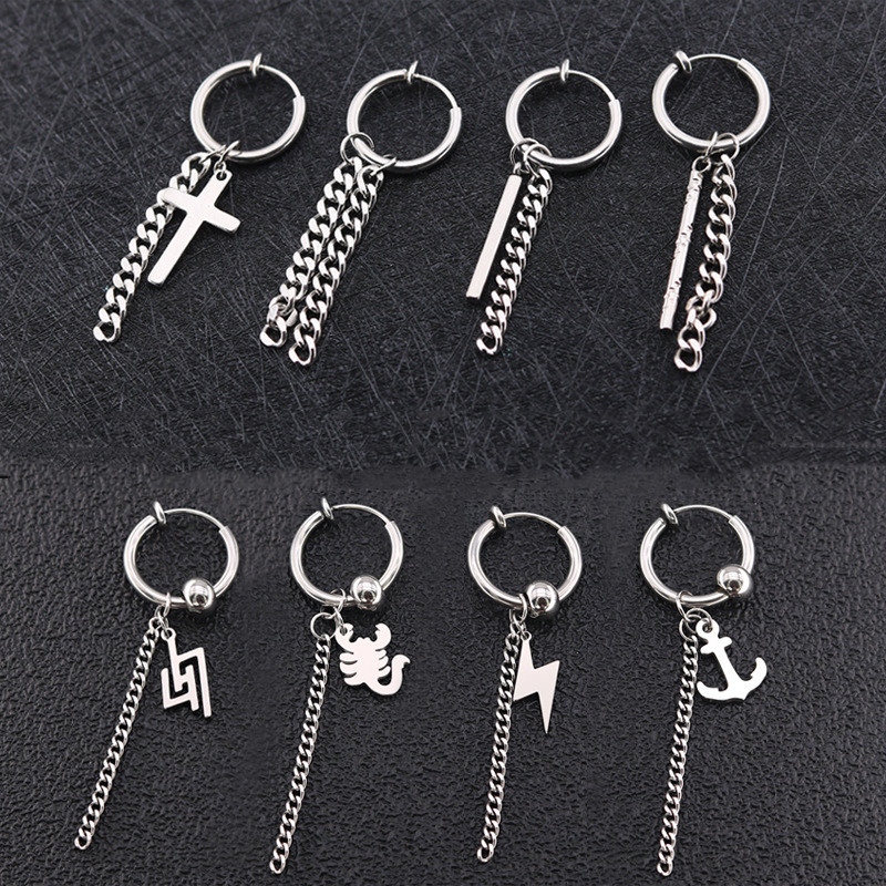 1 tk Trendikas roostevabast terasest ümmargune kõrvaklamber Unisex titaanist terasest läbistamata risti ketiklambriga kõrvarõnga paari tarvikud