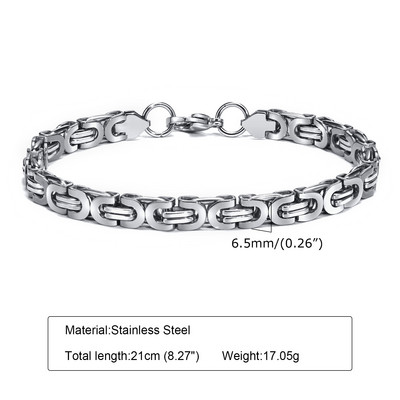Vīriešu bizantiešu ķēdes aproces, 6,5 mm/8 mm platas nerūsējošā tērauda plakanas bizantiešu ķēdes aproces, ūdensizturīgas