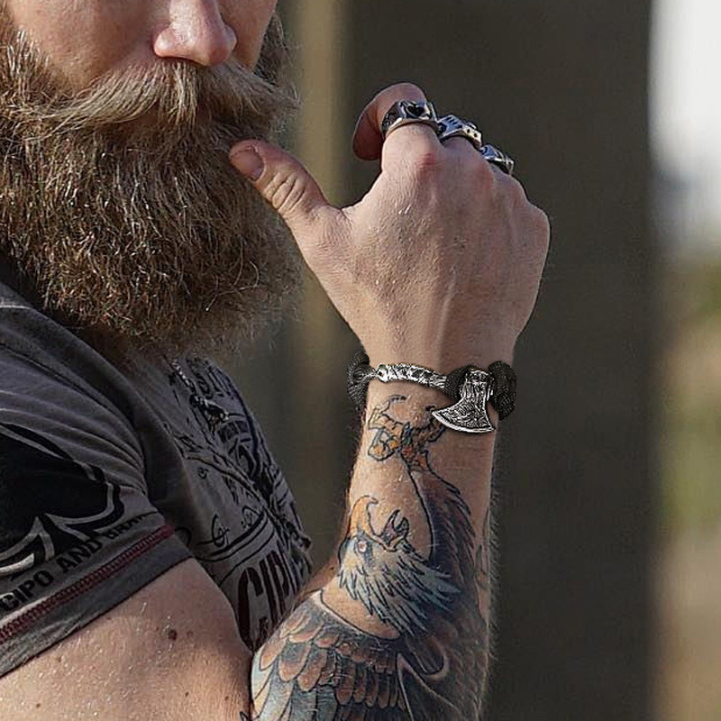 Brățară vikingă cu brățări cu lanț de frânghie a securei vikinge, brățară topor din oțel inoxidabil, bijuterii cu amuletă din mitologia nordică, cadou pentru el