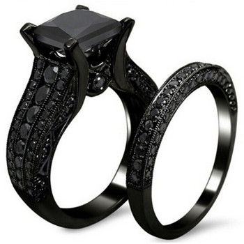 Milangirl Modyle Нов моден комплект пръстени за коктейлно парти с квадратно изрязване Черен кубичен цирконий Черни модни бижута