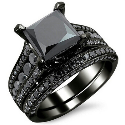 Milangirl Modyle Нов моден комплект пръстени за коктейлно парти с квадратно изрязване Черен кубичен цирконий Черни модни бижута