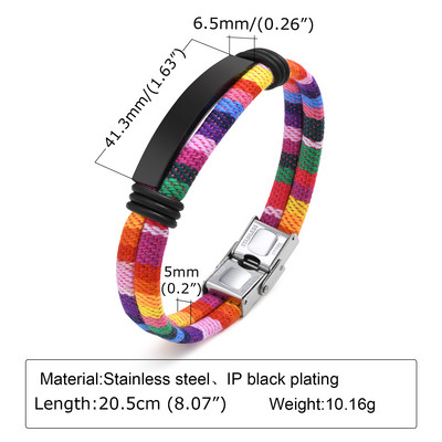 Boho etno stiliaus apyrankė, vaivorykštės audinio vyriška apyrankė, nerūdijančio plieno etiketės festivalio apyrankė, banglentininko hipio apyrankė, dovana draugui