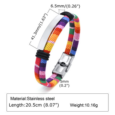 Boho etno stiliaus apyrankė, vaivorykštės audinio vyriška apyrankė, nerūdijančio plieno etiketės festivalio apyrankė, banglentininko hipio apyrankė, dovana draugui