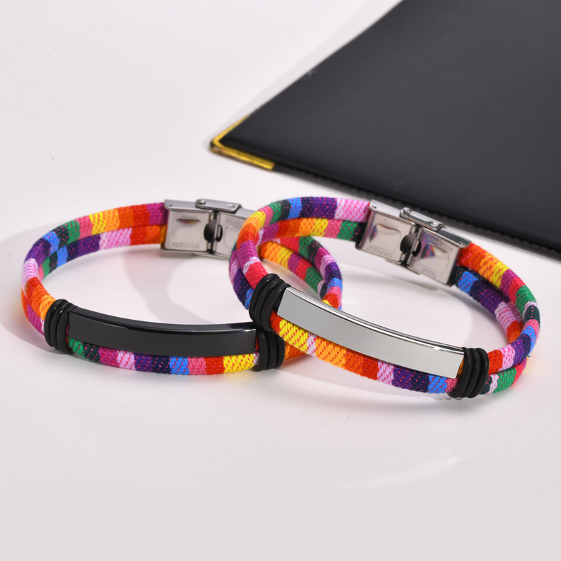 Boho etno stiliaus apyrankė, vaivorykštės audinio vyriška apyrankė, nerūdijančio plieno etiketės festivalio apyrankė, banglentininko hipio apyrankė, dovana draugui