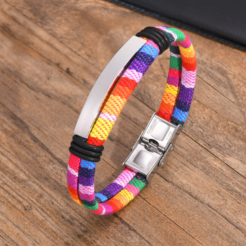 Boho etno stiliaus apyrankė, vaivorykštės audinio vyriška apyrankė, nerūdijančio plieno etiketės festivalio apyrankė, banglentininko hipio apyrankė, dovana draugui