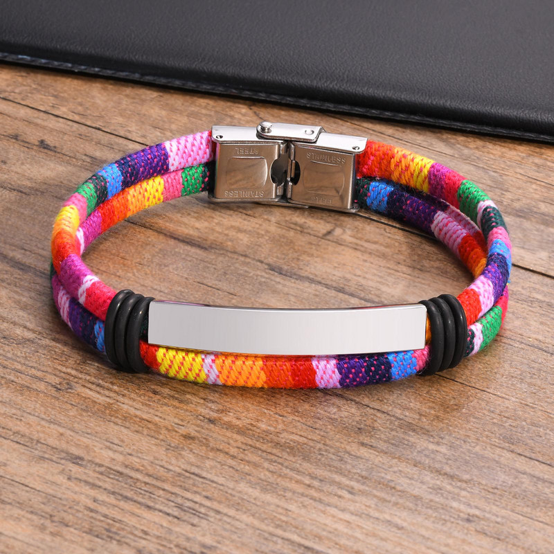 Boho etno stiliaus apyrankė, vaivorykštės audinio vyriška apyrankė, nerūdijančio plieno etiketės festivalio apyrankė, banglentininko hipio apyrankė, dovana draugui