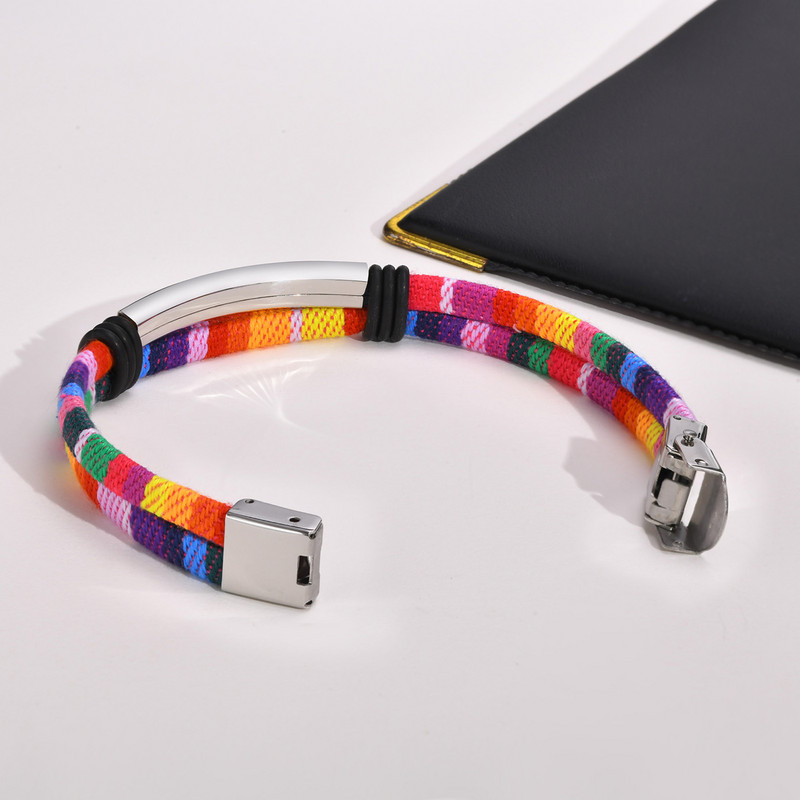 Boho etno stiliaus apyrankė, vaivorykštės audinio vyriška apyrankė, nerūdijančio plieno etiketės festivalio apyrankė, banglentininko hipio apyrankė, dovana draugui