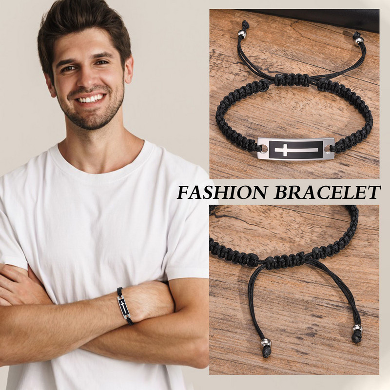 Férfi kereszt karkötők állítható hosszúságú fonott kötéllánccal, alkalmi férfi vallásos karszalag, ajándék ékszerek