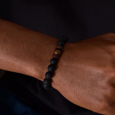 Vyriškos uolos lavos akmens karoliukų apyrankės, 8 mm tigro akių apyrankė, skirta sūnui, tėčiui, vyrui, nerimą malšinančiam papuošalui, nemokama dovanų kortelė