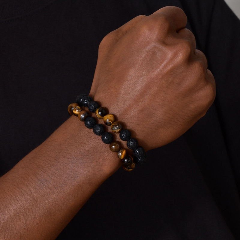 Vyriškos uolos lavos akmens karoliukų apyrankės, 8 mm tigro akių apyrankė, skirta sūnui, tėčiui, vyrui, nerimą malšinančiam papuošalui, nemokama dovanų kortelė