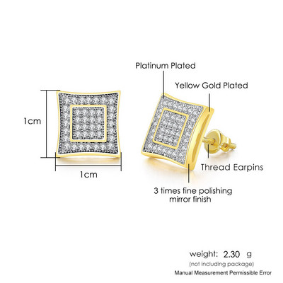 Hip hop muške naušnice s ledenim klinovima muški trend kubični cirkonij piercing hiphop zlatne četvrtaste naušnice nakit dodaci
