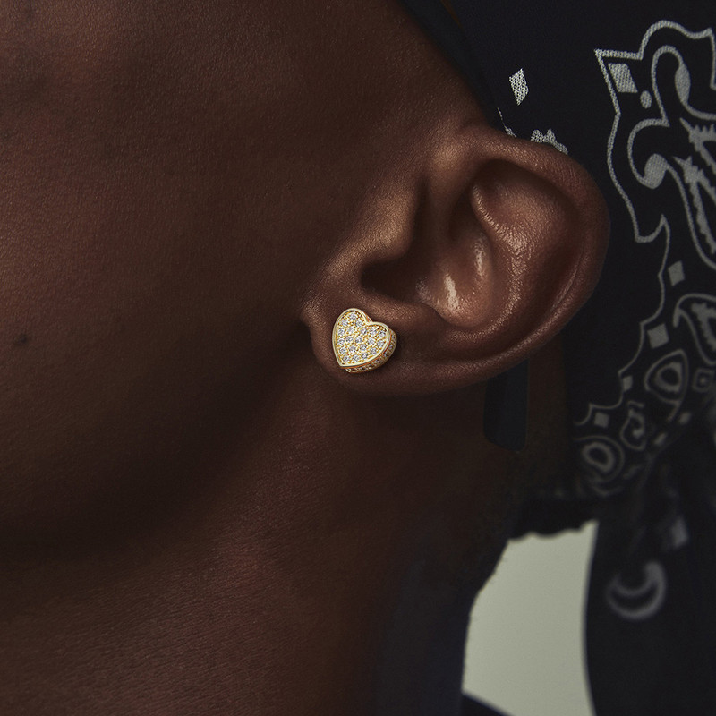 Πολυτελή σκουλαρίκια πάγου με καρφιά για άντρες Hip-hop Rapper Fashion Heart Stud σκουλαρίκι Χρυσό χρώμα Αξεσουάρ αυτιών Piercing Κοσμήματα