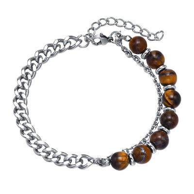 Brățări cu margele din piatră de ochi de tigru de 8 mm pentru bărbați, care nu se estompează niciodată, din oțel inoxidabil, cu legături de lanț cubanez, brățară pentru bărbați, bijuterii cadou