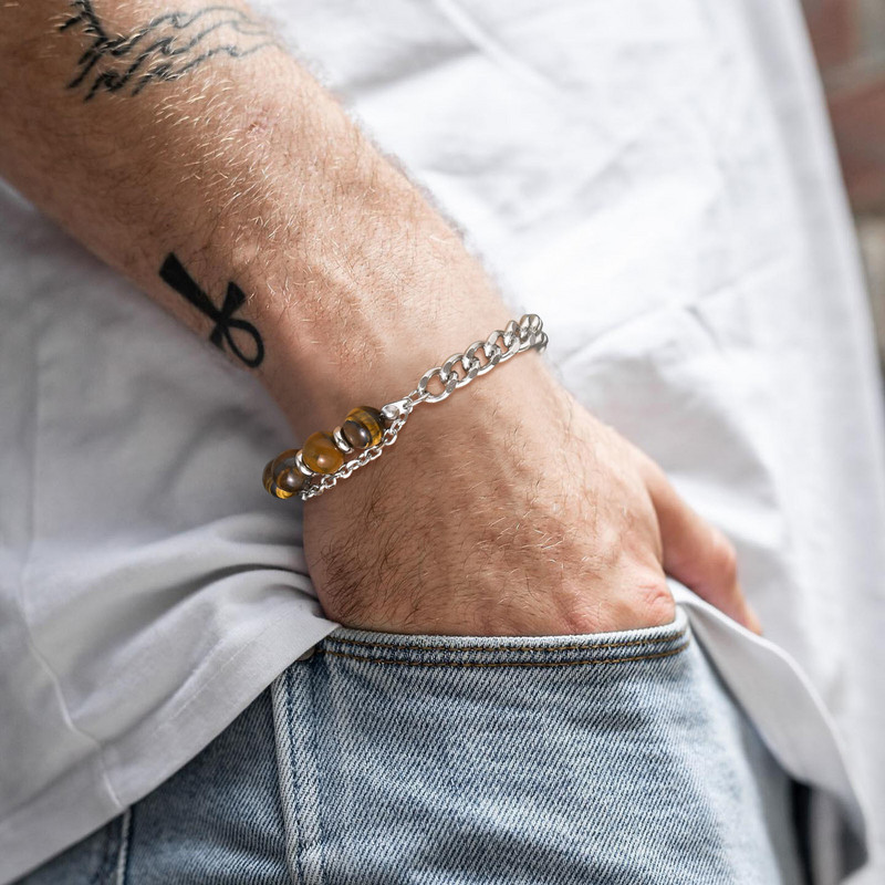 Brățări cu margele din piatră de ochi de tigru de 8 mm pentru bărbați, care nu se estompează niciodată, din oțel inoxidabil, cu legături de lanț cubanez, brățară pentru bărbați, bijuterii cadou