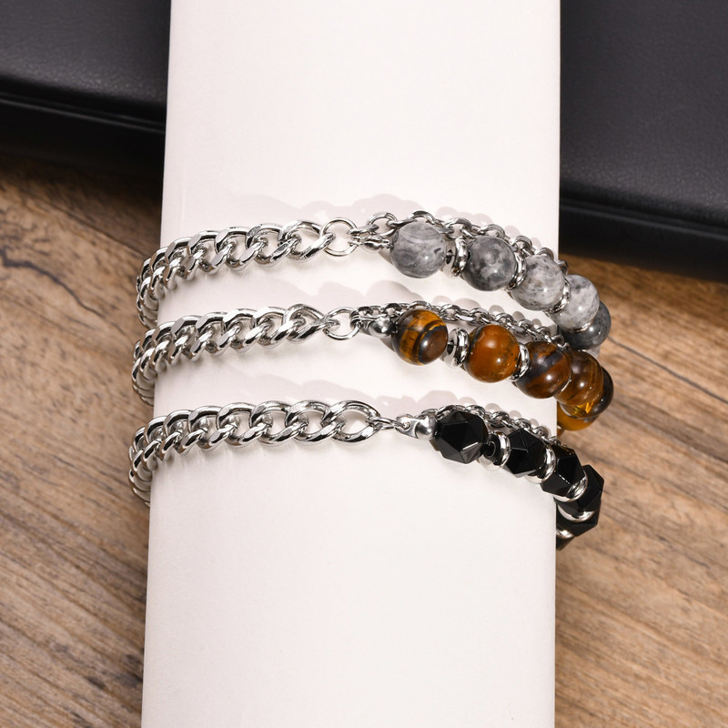 Brățări cu margele din piatră de ochi de tigru de 8 mm pentru bărbați, care nu se estompează niciodată, din oțel inoxidabil, cu legături de lanț cubanez, brățară pentru bărbați, bijuterii cadou