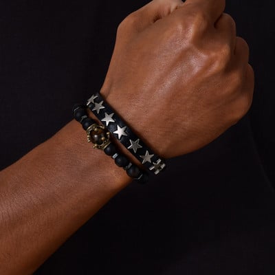 Ανδρικά 8mm Tiger Eye Stone Beaded and Stars Leather Stacking βραχιόλια για τον γιο μπαμπά Σύζυγο παππού Boyfriend BFF, Δωρεάν δωροκάρτα
