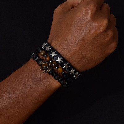 Ανδρικά 8mm Tiger Eye Stone Beaded and Stars Leather Stacking βραχιόλια για τον γιο μπαμπά Σύζυγο παππού Boyfriend BFF, Δωρεάν δωροκάρτα