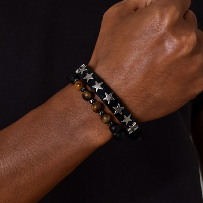 Ανδρικά 8mm Tiger Eye Stone Beaded and Stars Leather Stacking βραχιόλια για τον γιο μπαμπά Σύζυγο παππού Boyfriend BFF, Δωρεάν δωροκάρτα